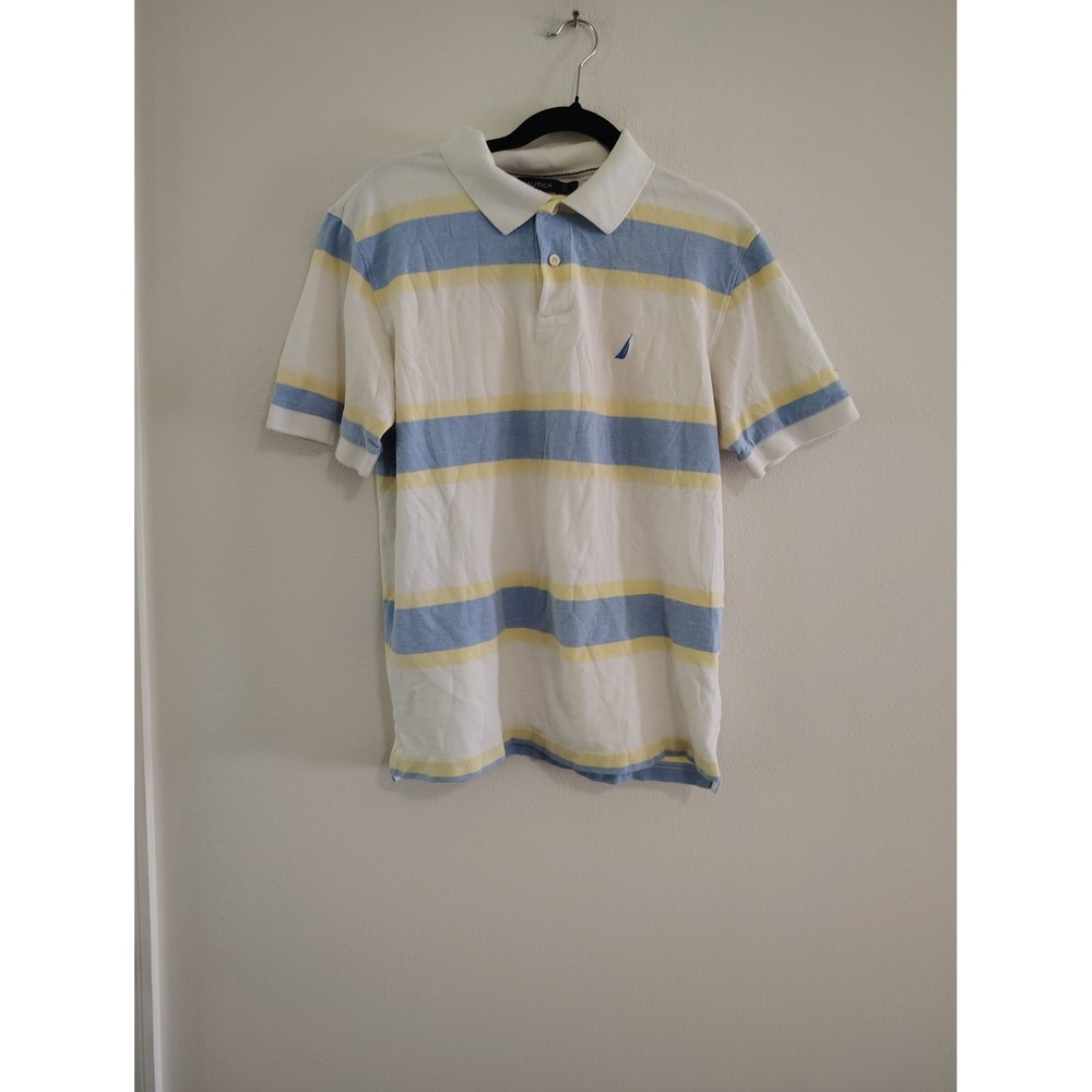 Nautica Mens Large Polo Shirt Short Sleeve Striped Blue Yellow White Cotton